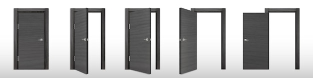 Vettore gratuito set realistico di porta di legno nera aperta e chiusa