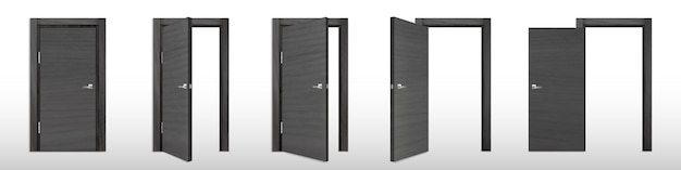 Realistic set of open and closed black wooden door