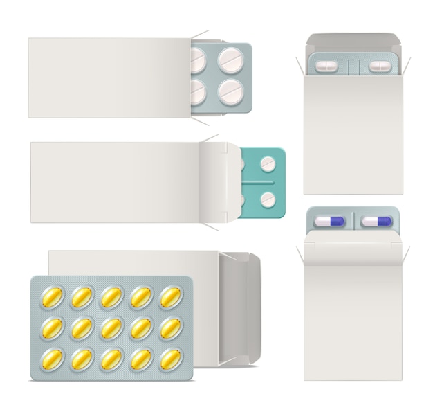 Realistic set of opened paper packaging with blisters of medicine pills and capsules