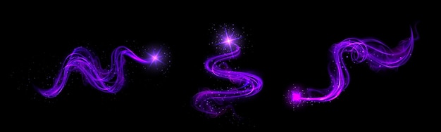 Free vector realistic set of purple light vortex effects isolated on black background vector illustration of luminous lines with shiny glitter particles magic energy curve twirl glowing christmas decoration