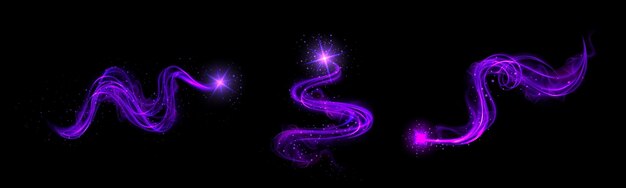 Реалистичный набор фиолетовых световых вихревых эффектов, выделенных на черном фоне. Векторная иллюстрация светящихся линий с блестящими блестящими частицами. Магическая кривая энергии.