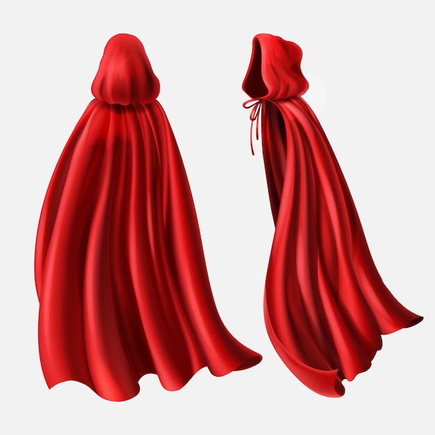 Free vector realistic set of red cloaks with hood, flowing silk fabrics isolated on white.