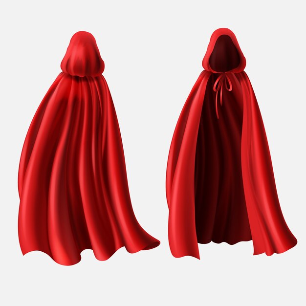 realistic set of red cloaks with hoods isolated on white background. 