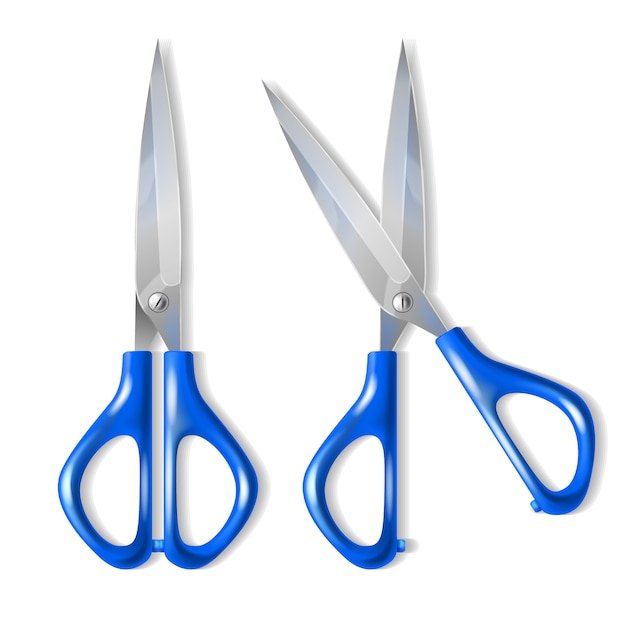 realistic set of scissors with blue plastic handles, with open and closed blades