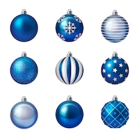 Realistic set of shiny blue and white christmas balls with various patterns isolated vector illustration
