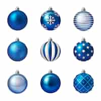 Free vector realistic set of shiny blue and white christmas balls with various patterns isolated vector illustration