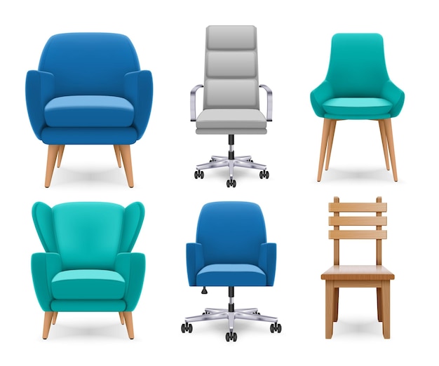 Vettore gratuito set realistico di sedie e poltrone morbide e di legno isolate su illustrazione vettoriale a sfondo bianco