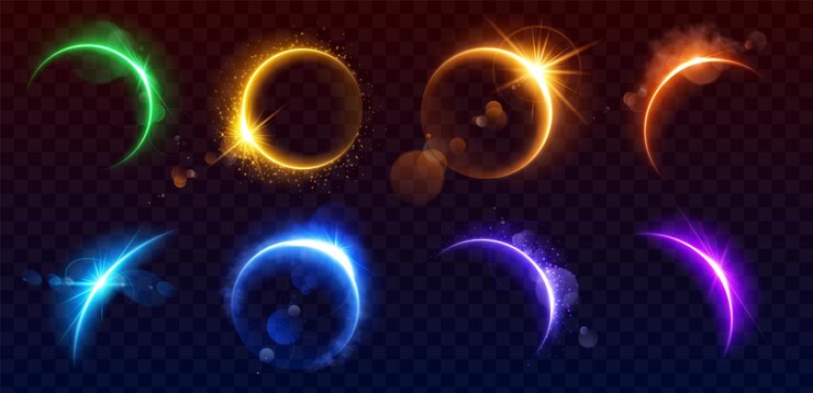 Free Vector realistic set of solar eclipse overlay effect on transparent background vector illustration of neon blue yellow green purple blazing star edge behind planet in dark sky space design elements