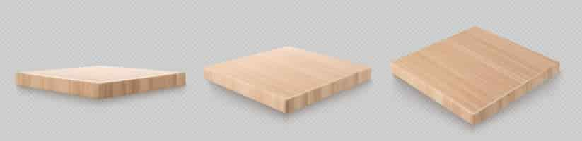 Free vector realistic set of square wooden boards isolated on transparent background vector illustration of natural oak pine poplar wood platform top and side view podium for product show design sample