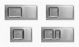 Free vector realistic set of stainless kitchen sinks top view