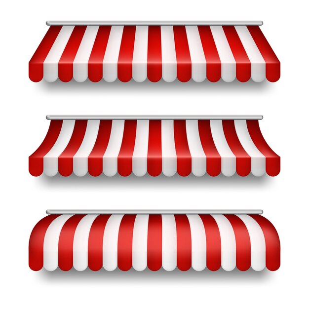 realistic set of striped awnings isolated on background. Clipart with red and white tents