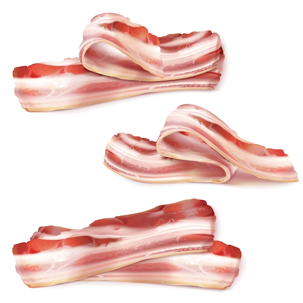 Realistic set of thin bacon strips, rashers, raw or smoked isolated on background.