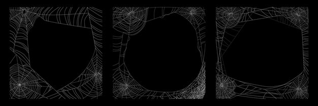 黒の背景の図に分離された3つの不気味なクモの巣フレームの現実的なセット