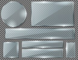 Realistic set of transparent glass plates, blank shining frames isolated on background.