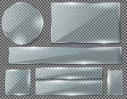 Free vector realistic set of transparent glass plates, blank shining frames isolated on background.