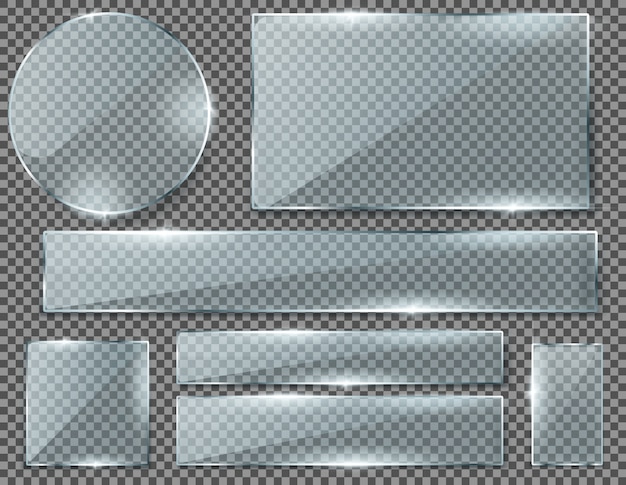 realistic set of transparent glass plates, blank shining frames isolated on background. 