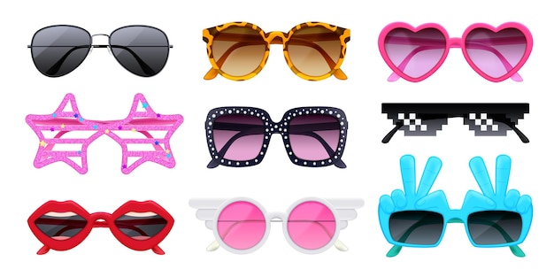 Free vector realistic set of trendy male female and childish sunglasses isolated vector illustration