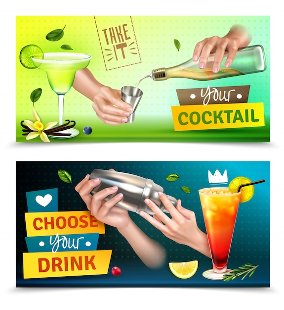 Realistic set of two colorful horizontal banners with bartender hands mixing cocktails isolated