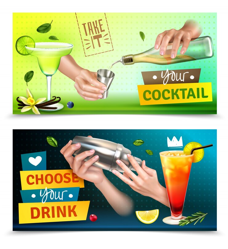Free Vector realistic set of two colorful horizontal banners with bartender hands mixing cocktails isolated