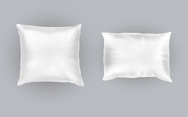 Realistic set of two white pillows, square and rectangular,\
soft and clean