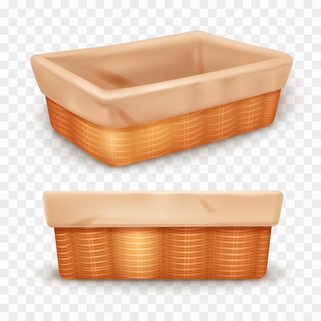 Free vector realistic set of two wicker baskets with linen cloth side and top views isolated on transparent background vector illustration