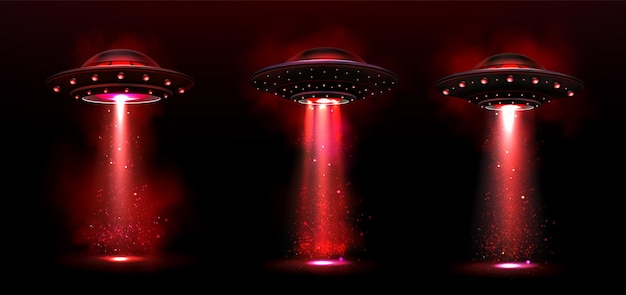 Vettore gratuito set realistico di ufo con portali a luce rossa