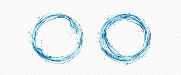 Realistic set of water circles isolated on transparent background vector illustration of aqua splash clear blue liquid swirl effect with wave drops bubbles pure fluid hydration round frame