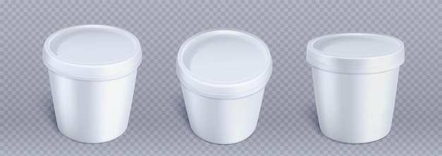 Free vector realistic set of white food containers isolated on transparent background vector illustration of 3d ice cream or yogurt bucket mockup with blank surface ready for branding paper tub for meal storage