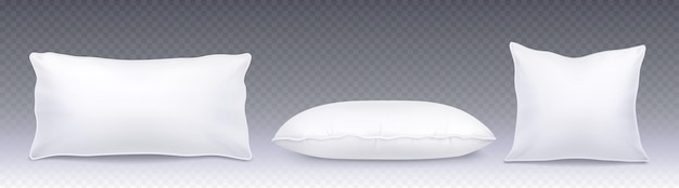 Free vector realistic set of white pillows top and side view isolated on transparent background vector illustration of 3d square and rectangular cushion mockups for bedroom interior design healthy sleep