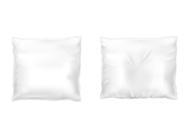 Realistic set of white square pillows, comfortable, soft, clean and crumpled