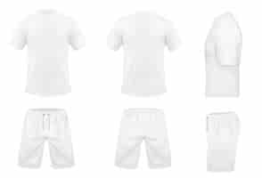 Vettore gratuito serie realistica di t-shirt bianche con maniche corte e pantaloncini, abbigliamento sportivo, divisa sportiva