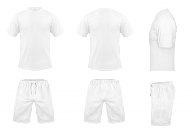 Реалистичный набор белых футболок с короткими рукавами и шортами, спортивная одежда, спортивная форма