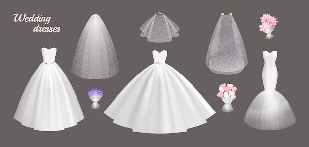 Free vector realistic set of white wedding dresses and accessories for brides isolated on grey background vector illustration