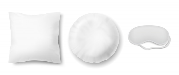 目隠しと2つのきれいな白い枕、正方形と円形の現実的なセット