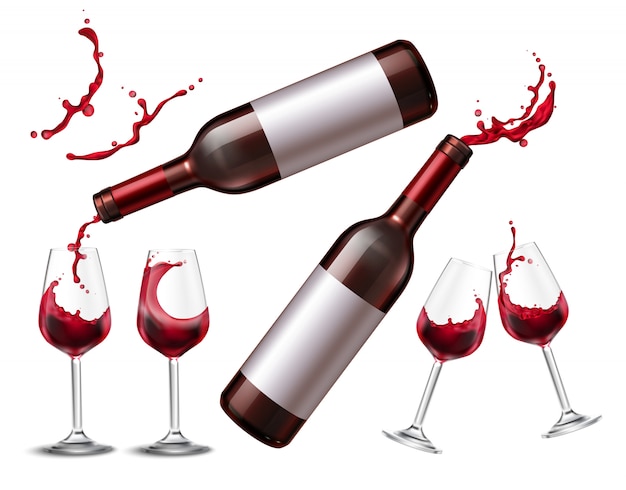 Бесплатное векторное изображение Реалистичный набор с бутылкой красного вина и четырьмя стаканами, наполненными напитком