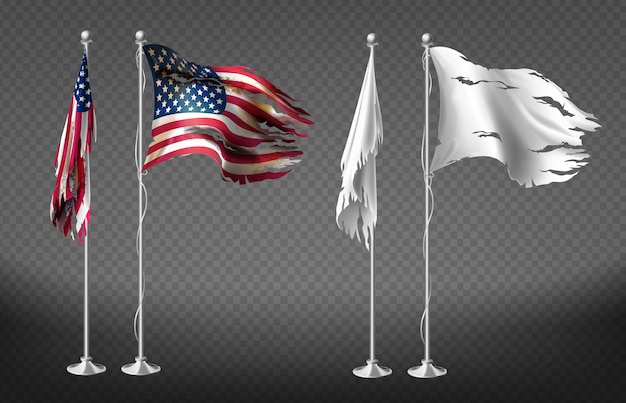 Realistic set with damaged flags of united states of america on steel poles