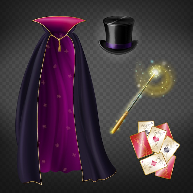 Free vector realistic set with illusionist equipment for tricks isolated on transparent background.