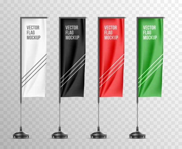 Realistic set with isolated mockups of white black red and green colored flags on metal poles vector illustration