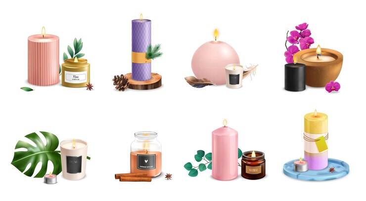 Free Vector realistic set with scented candles of various size shape and color with green leaves cinnamon sticks anise pine cone flowers isolated vector illustration