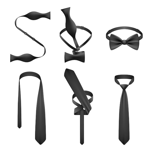 Free vector realistic set with tips of tying black necktie and bow tie isolated vector illustration