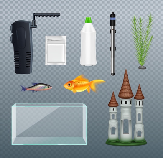 Free vector realistic set with two fish equipment and decoration for aquarium isolated on transparent background vector illustration