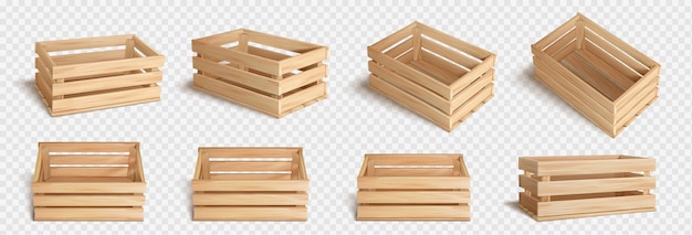 Vettore gratuito set realistico di casse di legno isolate su sfondo trasparente illustrazione vettoriale di scatole di legno vuote per l'imballaggio e il trasporto di alimenti contenitore per magazzino di stoccaggio di frutta e verdura