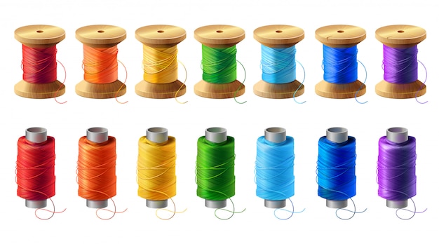 realistic set of wooden and plastic bobbins, spools with colored thread 