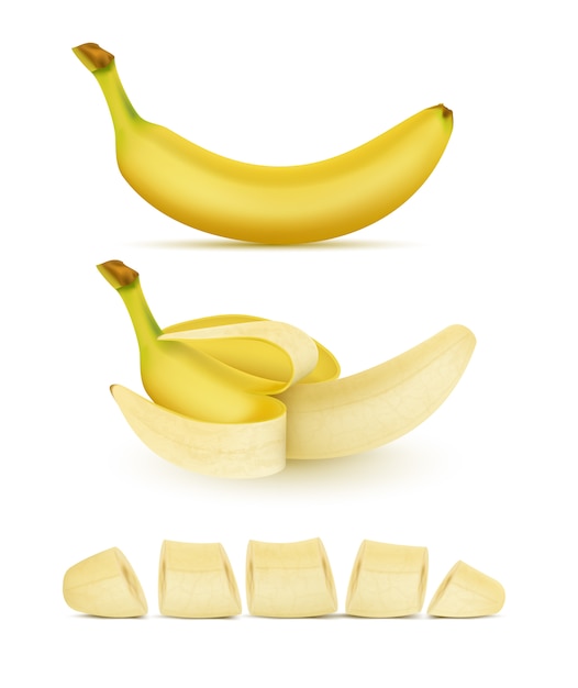 Realistic set of yellow bananas, whole, peeled and sliced, isolated on background. Sweet trop