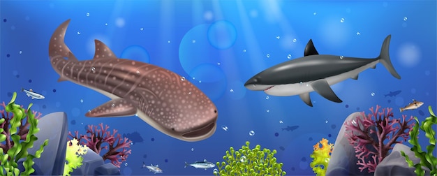 Free vector realistic shark composition with dangerous predators on underwater background vector illustration