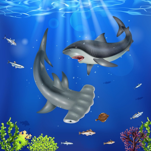 Free vector realistic shark fishes in the sea on deep underwater background vector illustration