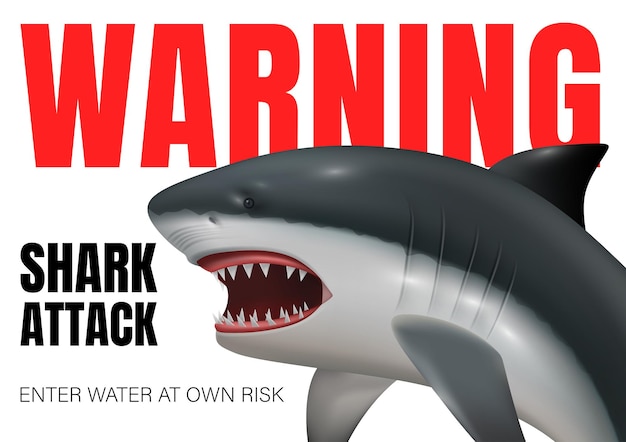 Realistic shark poster with dangerous predator image and warning text vector illustration