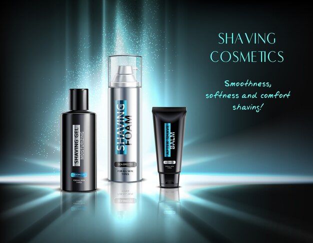 Realistic shaving cosmetics gel foam and balm illuminated advertising composition on dark 3d illustration