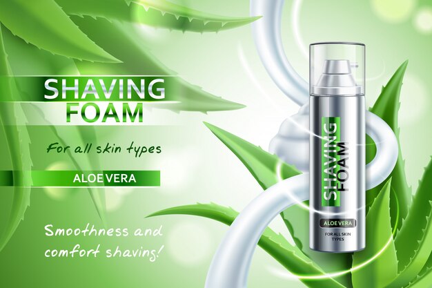 Realistic shaving foam with aloe vera advertising composition on blurred green with plant leaves illustration