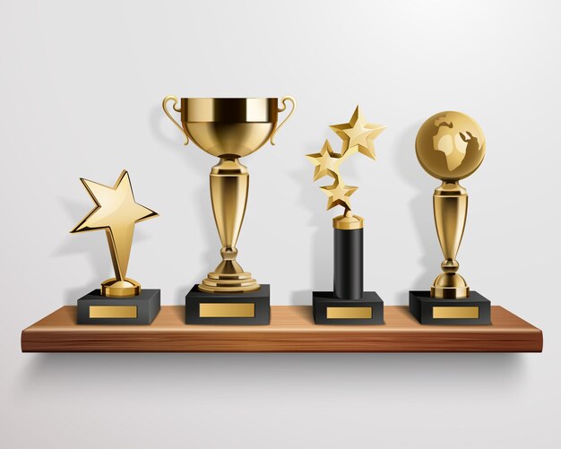 Realistic shiny golden trophy awards on wooden shelf on grey background vector illustration